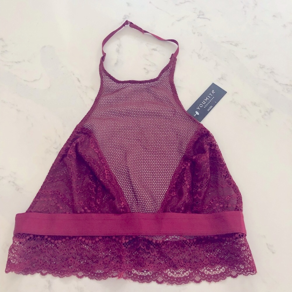 Youmita burgundy halter style mesh bralette